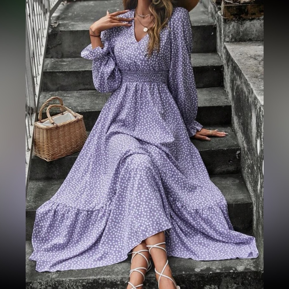 Boho polka dots flounce sleeve ruffle hem maxi dress fall